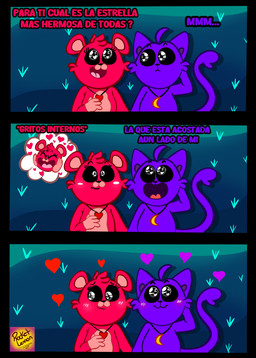 anthro blush duo female heart_symbol lying lying_on_ground male on_back on_ground purple_body red_body text thought_bubble rocketlennon mob_entertainment poppy_playtime smiling_critters bobby_bearhug catnap_(poppy_playtime) bear domestic_cat felid feline felis mammal absurd_res comic hi_res spanish_text