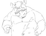 anthro belly blush bodily_fluids cum eyewear genital_fluids glasses horn humanoid_hands kemono male musclegut muscular nipples simple_background solo train_(artist) mammal rhinoceros 2022 monochrome sketch