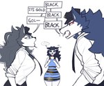 anthro bone breasts cheek_tuft clothed clothing dialogue discussion disembodied_head dress facial_tuft female fluffy fluffy_tail fur group hair hat headgear headwear male necktie skull skull_head speech_bubble tail text trio tuft tianiseul what_color_is_this_dress? skull_dog_(tianiseul) canid canine mammal skulldog_(species) comic english_text hi_res