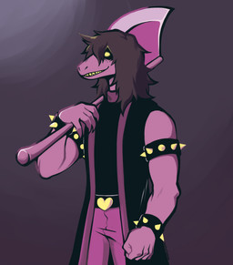 5_fingers anthro axe battle_axe bottomwear clothing female fingers fist gradient_background melee_weapon pants purple_background sharp_teeth simple_background solo spikes teeth weapon saccharinerose deltarune undertale_(series) susie_(deltarune) lizard reptile scalie 2018 hi_res