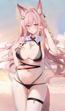 accessory beach big_breasts bikini blush breasts clothing cloud day female front_view hair hair_accessory inner_ear_fluff looking_at_viewer navel open_mouth outside pink_eyes pink_hair sand solo swimwear tail tuft two-piece_swimsuit water ruzhai arknights hypergryph studio_montagne pozyomka_(arknights) animal_humanoid canid canid_humanoid canine canine_humanoid humanoid mammal mammal_humanoid wolf_humanoid 2024 digital_media_(artwork) hi_res