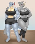 4:5 anthro anthrofied barefoot big_breasts blackbetty breasts cleavage clothed clothing duo feet female generation_1_pokemon hi_res looking_at_viewer muscular muscular_female nidoqueen nintendo pokemon pokemon_(species) pokemorph rhydon simple_background smile standing thick_thighs