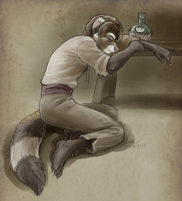 alcohol anthro bench beverage bottle container depression drunk male solo substance_intoxication tail wine conditional_dnp moodyferret kimber_di_furetti domestic_ferret ictonychine mammal marbled_polecat mustelid musteline polecat_(mustelid) true_musteline weasel
