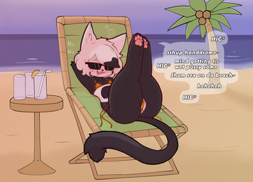 anthro arm_tuft beach bikini black_body black_hair black_nose bodily_fluids chair clothing coconut container cup dialogue drinking_glass drunk drupe_(fruit) elbow_tuft eyewear female food fruit furniture genital_fluids genitals glass glass_container glass_cup hair hiccuping legs_up lounge_chair open_mouth orange_bikini orange_clothing orange_swimwear palm_tree pawpads pink_pawpads plant pointy_ears presenting presenting_vulva solo speech_bubble substance_intoxication sunglasses swimwear tail tail_tuft text thick_thighs tree tuft two-piece_swimsuit vaginal_fluids vulva white_body white_hair defunctumbra umbra_(defunctumbra) domestic_cat felid feline felis mammal 2025 english_text hi_res