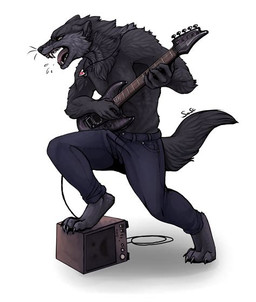 amplifier electric_guitar guitar male metal musical_instrument plucked_string_instrument rocking_out solo string_instrument unknown_artist canid canine canis mammal wolf