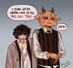 anthro clothed clothing duo english_text felid feline fingers fur hair hi_res horn human i_think_we're_gonna_have_to_kill_this_guy inner_ear_fluff jack_aveswing male mammal meme red_eyes rikosakari text tuft whiskers