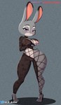 anthro areola areola_slip bedroom_eyes big_breasts breasts clothing female footwear hand_on_hip high_heels narrowed_eyes seductive shoes solo string_jumpsuit thick_thighs wide_hips a_z_artist disney meme_clothing zootopia judy_hopps lagomorph leporid mammal rabbit hi_res meme