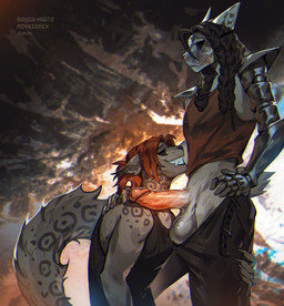 5_fingers anthro anthro_on_anthro balls claws erection finger_claws fingers fluffy fluffy_tail genitals grey_balls humanoid_genitalia humanoid_penis long_tail male male/male penis short_tail side_view smile tail moynzarek domestic_cat felid feline felis mammal hi_res