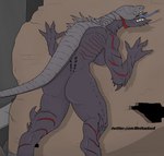 4_fingers against_surface against_wall anthro blue_tongue breasts butt female fingers forked_tongue grey_body grey_scales rear_view scales side_boob solo spikes text tongue tongue_out methados capcom devil_may_cry demon riot_(dmc) scalie 2019 absurd_res hi_res portrait three-quarter_portrait url