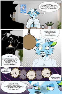anthro antlers blue_body blue_fur clock clothed clothed_anthro clothed_female clothing dialogue duo female female_focus fur green_body green_eyes green_fur hair holding_pocketwatch horn hypnosis job_interview male mind_control multicolored_body multicolored_fur pendulum_swing pocketwatch shirt text thought_bubble topwear watch white_body white_clothing white_fur white_hair white_shirt white_topwear hypnosalazzle skye_(hypnosalazzle) deer mammal 2025 comic english_text hi_res