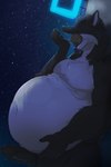 abdominal_bulge almost_fully_inside anthro belly big_belly body_outline duo ear_piercing erection genitals in_mouth male male/male male_pred male_prey navel nude oral_vore penis piercing size_difference swallowing vore weight_gain ayvore xilver hyena mammal hi_res