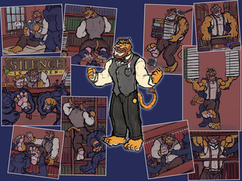 4_toes 5_fingers ankle_grab anthro barefoot beard biped black_bottomwear black_clothing black_pants book bookshelf bottomwear bow_tie brown_beard brown_facial_hair brown_hair brown_tail_tuft cleaning_tool clothed clothed_anthro clothed_male clothing eyewear facial_hair feather_duster feet fingers fur furgonomic_bottomwear furgonomic_pants furgonomics furniture glasses grey_clothing grey_topwear grey_vest group hair holding_book holding_object kneeling ladder laugh leg_grab librarian library loose_feather male multicolored_body multicolored_fur muscular muscular_anthro muscular_male mustache on_one_leg open_mouth open_smile orange_body orange_fur pants pawpads pink_nose pink_pawpads sitting sitting_at_desk smile solo_focus standing suspenders tail tail_tickle tail_tuft tickle_fetish tickle_torture tickling tickling_armpits tickling_feet tickling_sides toes tongue topwear tuft vest wearing_glasses white_body white_fur kctk abraham_clarence_deleon canid felid hybrid liger mammal pantherine