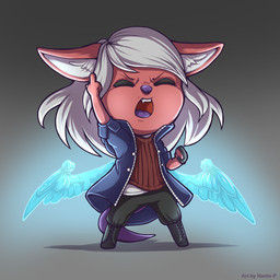 anthro chibi clothing cosplay eyes_closed fangs fingerless_gloves footwear fur gesture gloves hair hand_gesture handwear inner_ear_fluff male middle_finger open_mouth red_body red_fur simple_background solo teeth tongue topwear tuft white_hair wings nante-p capcom devil_may_cry canid canine canis mammal wolf 1:1 hi_res