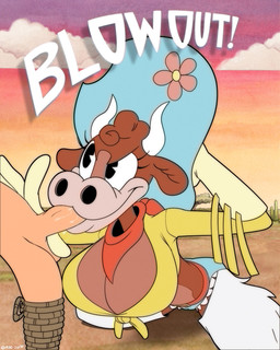 anthro balls big_breasts black_eyes blue_clothing blue_hat blue_headwear breasts brown_body brown_fur cleavage clothed clothing cowboy_hat duo eyelashes fellatio female front_view fur genitals handwear hat headgear headwear horn male male/female oral penile penis red_scarf scarf sex smile tan_body tan_clothing tan_fur tan_gloves tan_handwear text topwear white_horn yellow_clothing yellow_topwear thehumancopier cuphead_(game) studio_mdhr esther_winchester_(cuphead) bovid bovine cattle human mammal 2024 4:5 absurd_res hi_res