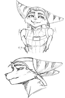 anthro clothing gloves handwear long_ears male shy smile solo teeth enoxarts ratchet_and_clank sony_corporation sony_interactive_entertainment ratchet_(ratchet_and_clank) felid feline lombax mammal hi_res monochrome multiple_scenes sketch