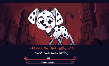 black_body black_fur black_nose black_spots collar eyelashes female feral fur horn looking_at_viewer markings open_mouth paws solo spots spotted_body spotted_fur studded_collar studs teeth text toony white_body white_fur young young_feral higglytownhero 101_dalmatian_street 101_dalmatians disney helltaker dallas_(101_dalmatians) triple_d_(101_dalmatians) canid canine canis dalmatian domestic_dog mammal english_text