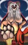 ambiguous_gender anthro cloud duo exclamation_point feet female foot_focus fur grin hair hands_on_hips inner_ear_fluff larger_female long_hair looking_down looking_up looming multicolored_body multicolored_fur pawpads paws raised_leg raised_paw red_eyes size_difference sky skyscape smile star starry_sky sunset tuft yutmutt natasha_(mammaawd) african_wild_dog canid canine mammal hi_res