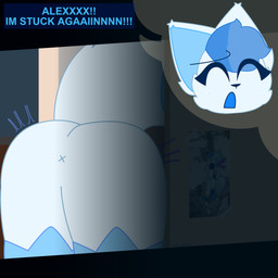 anthro anus appliance big_tail blue_body blue_fur butt dialogue dialogue_box distressed female fridge fur kitchen_appliance motion_lines presenting presenting_hindquarters solo stuck tail white_body white_fur x_anus crystal_isabee joey_(crystal_tf) arctic_fox canid canine fox mammal true_fox 1:1 hi_res watermark