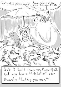 anthro boots bottomwear clothing coat covering_head dialogue fangs female footwear group jacket male raincoat raining shoes skirt smile teeth text topwear umbrella wet wet_clothing worried dragonweirdo beastars haru_(beastars) legoshi_(beastars) bear canid canine canis crocodile crocodilian lagomorph leporid mammal mouse murid murine rabbit reptile rodent scalie wolf absurd_res comic english_text hi_res monochrome