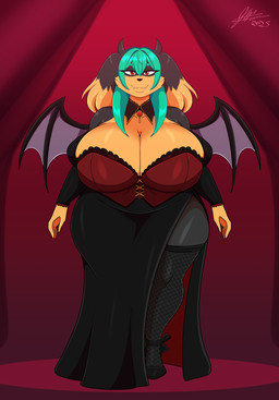 anthro bat_wings big_breasts black_body black_fur blue_hair bottomwear breasts brown_body brown_fur cleavage clothed clothing corset fangs female fishnet_clothing fishnet_legwear fur hair huge_breasts legwear lingerie membrane_(anatomy) membranous_wings multicolored_body multicolored_fur red_eyes skirt solo teeth thick_thighs topwear two_tone_body two_tone_fur wide_hips wings jwinkz zoey_(jwinkz) canid canine canis domestic_dog mammal vampire hi_res