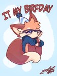 ambiguous_gender anthro brown_body brown_fur chibi clothed clothing eyewear freckles fur glasses hat headgear headwear orange_body orange_fur party_hat sitting solo text gingy_k_fox gingy_(gingy_k_fox) canid canine fox mammal 2024 english_text hi_res signature