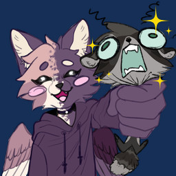 anthro blush blush_stickers bulging_eyes choker clothing duo eyebrows eyelashes eyes_closed facial_tuft fluffy fluffy_tail fur green_eyes grey_body grey_fur hoodie jewelry long_eyelashes male male/male multicolored_body multicolored_fur multicolored_wings necklace open_mouth pink_cheeks purple_body purple_clothing purple_fur purple_hoodie purple_topwear screaming sparkles tail topwear tuft wings resi jasper_(toasty_teddy) victor_(mrmoopne) calico_cat domestic_cat felid feline felis mammal procyonid raccoon 1:1 alpha_channel hi_res