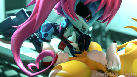 anthro ball_grab balls bed clothed clothing dominant dominant_female duo female furniture genitals gloves handjob handwear latex latex_clothing latex_gloves latex_handwear lying lying_on_bed male male/female on_bed partially_clothed penile piercing pumps questionable_consent sex straps_across_chest strikefrommidnight sega sonic_the_hedgehog_(series) canid canine fox mammal 16:9 3d_(artwork) 4k absurd_res digital_media_(artwork) hi_res huge_filesize widescreen