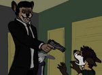 anthro black_hair brown_hair clothing group gun hair male office ranged_weapon scared suit threatening weapon junijoobs pulp_fiction brett_(pulp_fiction) jules_winnfield canid canine fox hyena lagomorph leporid mammal rabbit 2018 digital_media_(artwork)