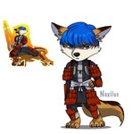 anthro armor blue_hair demonic_gauntlet green_eyes hair katana laminar_armor male melee_weapon samurai sword warrior weapon deworse capcom onimusha samanosuke_akechi wise_(wiseesp) canid canine culpeo_fox fox mammal south_american_fox