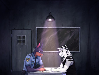 angry anthro arrested black_body black_fur clothing cuff_(restraint) dim_lighting door duo fur grey_body grey_fur grin hair handcuffs interrogation light_bulb male metal_cuffs paper piercing police police_officer police_uniform restraints shirt smile tank_top topwear uniform white_body white_fur window toynako cryotaiga canid canine canis dobermann domestic_dog felid mammal pantherine pinscher snow_leopard tiger absurd_res hi_res