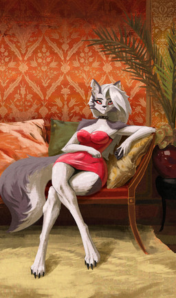 anthro breasts choker clothing crossed_legs dress ear_piercing electronics eyebrow_piercing facial_piercing feet female furniture hair holding_object holding_phone jewelry necklace on_sofa phone piercing plant red_clothing red_dress red_sclera sitting sitting_on_sofa smile sofa solo tail talons toes white_eyes white_hair kohei_(artist) hellaverse helluva_boss mythology loona_(helluva_boss) canid canid_demon canine demon hellhound mammal mythological_canine mythological_creature absurd_res hi_res