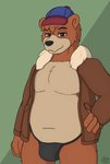 aged_up anthro belly black_eyes brown_body brown_fur bulge clothed clothing fur hat headgear headwear jacket male open_clothing overweight overweight_anthro overweight_male pilot_uniform simple_background smile solo topwear underwear darknetic disney ducktales ducktales_(2017) talespin kit_cloudkicker bear mammal absurd_res digital_media_(artwork) hi_res