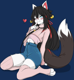 clothing collar crop_top fantasy female gift heart_symbol kneeling legwear long_tail magic one_eye_closed paws shirt shush submissive suggestive tail teasing thigh_highs topwear wink invalid_tag digital_media_(artwork) hi_res