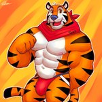 abs anthro big_muscles bulge clothing countershading jockstrap kerchief looking_at_viewer male mascot muscular muscular_anthro muscular_male navel neckerchief neckwear nipples open_mouth open_smile orange_background pecs simple_background smile solo standing text underwear whiskers yellow_background same22shark frosted_flakes kellogg's tony_the_tiger felid mammal pantherine tiger 1:1 2021 character_name signature