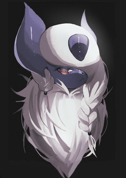 ambiguous_gender braided_hair disembodied_head eyelashes feral fur hair half-closed_eyes horn looking_at_viewer narrowed_eyes one_eye_obstructed red_eyes simple_background solo white_body white_fur mmocc123 nintendo pokemon generation_6_pokemon mega_absol mega_evolution pokemon_(species) 2025 hi_res