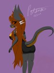 absurd_res anthro black_body black_clothing black_dress brown_hair clothed clothing dragon dress ear_piercing female hair hi_res joeline long_hair mr_p0tassium mythological_creature mythological_scalie mythology piercing scalie solo tail