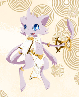 3_toes 4_fingers accessory ambiguous_gender blue_eyes bottomwear cloak clothing feet fingers fur furgonomics gold_(metal) jewelry loincloth looking_at_viewer open_mouth open_smile pink_body pink_fur ring scarf smile smiling_at_viewer solo tail tail_accessory tail_jewelry tail_ring toes tuft shadowsoulful nintendo pokemon fan_character generation_1_pokemon legendary_pokemon mew_(pokemon) pokemon_(species) 2025 absurd_res cel_shading hi_res lineless shaded