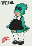 anthro blue_eyes bow_tie clothing dress eyeshadow female footwear green_body horn legwear lipstick makeup shoes solo tail thigh_highs garabatoz dinosaurs_(series) charlene_sinclair ceratopsian dinosaur ornithischian prehistoric_species protoceratops reptile scalie 2024