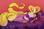 anthro bedding big_breasts bra breasts clothing female forked_tongue inside jewelry lingerie navel non-mammal_breasts non-mammal_navel pillow purple_pillow ring scales snake_hood solo thick_thighs tongue underwear veil wide_hips yellow_body yellow_scales spicynoodleart reptile scalie snake 2024 3:2 hi_res