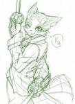 anthro blush clothed clothing coat fur male melee_weapon one_eye_closed simple_background smile solo sword topwear weapon wink risuou log_horizon nyanta domestic_cat felid feline felis mammal 2015 hi_res monochrome sketch