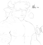 anthro arm_markings beard cheek_tuft facial_hair facial_tuft horn male markings muscular muscular_anthro muscular_male nipple_fetish nipple_play nipples nude open_mouth simple_background solo tuft pache_riggs bovid bovine cattle mammal absurd_res bust_portrait hi_res monochrome portrait sketch