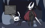 angry anthro black_body black_eyes bottomless breasts clitoris clothed clothing duo empty_eyes featureless_feet featureless_hands feet female genitals larger_female male mouthless one_breast_out pussy size_difference smaller_male text thick_thighs weapon wide_hips slash_void hollow_knight team_cherry hornet_(hollow_knight) zote_(hollow_knight) arthropod insect absurd_res english_text hi_res