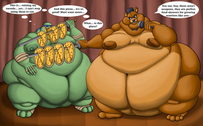 anthro belly curtains duo eating electronics food fupa katana male male/male melee_weapon messy microphone moobs nipples nude obese obsessed overweight pizza restaurant stage sword text weapon weight_gain wolfgerlion64 five_nights_at_freddy's scottgames teenage_mutant_ninja_turtles freddy_(fnaf) leonardo_(tmnt) bear mammal reptile scalie turtle absurd_res english_text hi_res