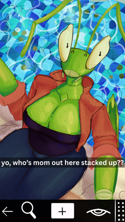 anthro belly big_breasts bottomwear breasts candid claws cleavage clothed clothing compound_eyes denim denim_bottomwear denim_clothing exoskeleton female freckled_arms freckled_breasts freckled_chest freckled_face freckles glistening jeans mature_female messy_line_art pants slightly_chubby social_media solo thick_thighs brushstroke ghoulingscrawl arthropod insect mantis hi_res mother_(lore) parent_(lore)