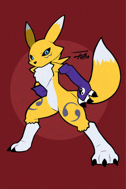 3_fingers ambiguous_gender anthro arm_tuft armwear bent_legs biped black_claws black_nose black_sclera blue_eyes bridal_gauntlets cheek_tuft chest_tuft claws clothed clothed/nude clothing countershade_torso countershading double_tomoe eyebrows facial_tuft fingers fluffy fur fur_markings long_ears long_tail looking_at_viewer markings neck_tuft nude pose purple_body purple_clothing purple_fur red_background shoulder_tuft simple_background solo spread_legs spreading standing tail text textured_background tomoe_(symbol) tuft white_body white_countershading white_fur yellow_body yellow_fur yin_yang felixelgato_(artist) bandai_namco digimon canid digimon_(species) mammal renamon colored hi_res shaded signature