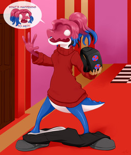 4_fingers anthro anthrofied belly black_bottomwear black_clothing black_pants blue_body blue_legs blue_tail bodily_fluids bottomwear brown_hair candy checkered checkered_floor chibi clothes_falling_off clothing crying dessert door female fingers food footwear gaming_headset grey_clothing grey_footwear grey_shoes gummy_(food) hair implied_transformation inside mid_transformation multicolored_body multicolored_hair multicolored_tail multicolored_text pants pink_body pink_hair pink_snout pink_tongue pink_wall ponytail red_carpet red_clothing red_sweater red_topwear serrated shoes snout solo speech_bubble spiked_tail spikes spikes_(anatomy) sweater tail tears tongue topwear transformation vr_headset white_belly white_eyes wood wood_door mentalcrash glitch_productions the_amazing_digital_circus gummigoo_(tadc) crocodile crocodilian food_creature gummy_creature living_candy lizard reptile scalie hi_res