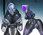 bent_over big_breasts breasts butt butt_grab clothing duo female genitals hand_on_butt not_furry presenting presenting_hindquarters pussy simple_background suit teqa bioware electronic_arts mass_effect daro'xen_vas_moreh tali'zorah alien alien_humanoid humanoid quarian