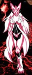 anthro big_breasts black_body black_sclera breasts chest_tuft claws exoskeleton fangs female fur glowing glowing_eyes glowing_markings hair horn lava long_hair looking_at_viewer markings membrane_(anatomy) open_mouth pink_body pink_claws pink_eyes solo spikes spikes_(anatomy) standing teeth tuft volcano white_body white_fur white_hair nikku_lunatique charlie_(nikku_lunatique) canid canine canis fox mammal monster tier_(species) absurd_res hi_res