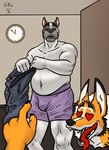 anthro belly belt big_belly bottomwear boxers_(clothing) chair claws clock clothing duo finger_claws floor fur furniture heart_symbol male male/male musclegut muscular office orange_body orange_fur overweight overweight_male pants tongue tongue_out underwear undressing wall_(structure) vhallur emery_waldren bulldog canid canine canis domestic_dog fox mammal mastiff molosser red_fox true_fox absurd_res hi_res sketch