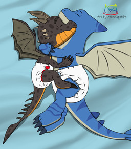 belly blue_body brown_body brown_wings claws clean_diaper clothed clothing cuddling diaper duo eyes_closed feet feral hug lying male markings on_side simple_background spiked_tail spikes spikes_(anatomy) spread_wings tail tan_belly wearing_diaper white_diaper wings young marvispot84 dragons:_rescue_riders dreamworks mythology cutter_(rescue_riders) winger_(rescue_riders) dragon mythological_creature mythological_scalie relentless_razorwing scalie swiftwing absurd_res hi_res watermark